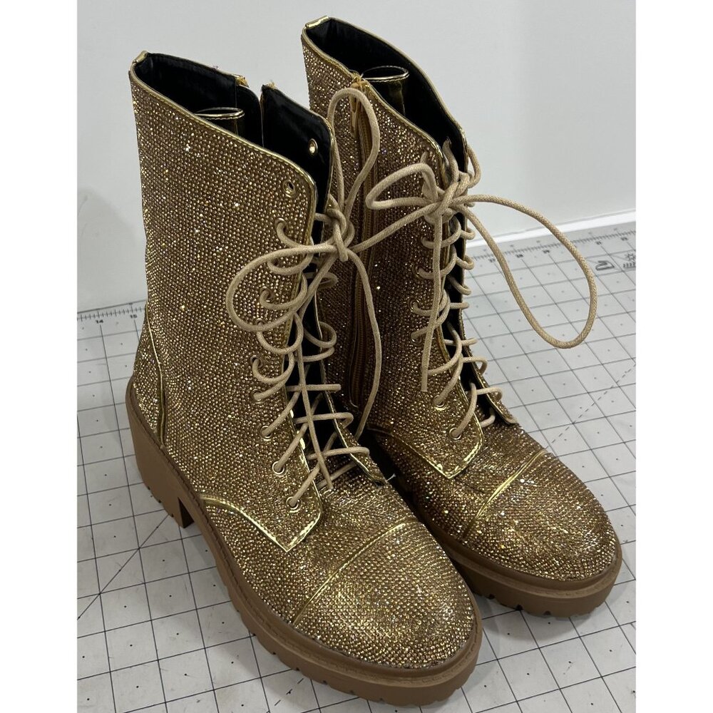 Vigo Fiore Women's Gold Rhinestone Lace Combat Boots Rosalba Sz. 7.5 Side Zip - Picture 2 of 14